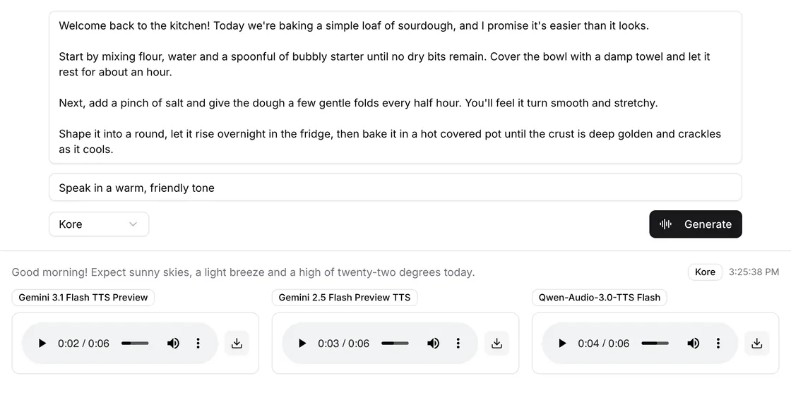 The same line spoken by three text-to-speech models, each with its own audio player