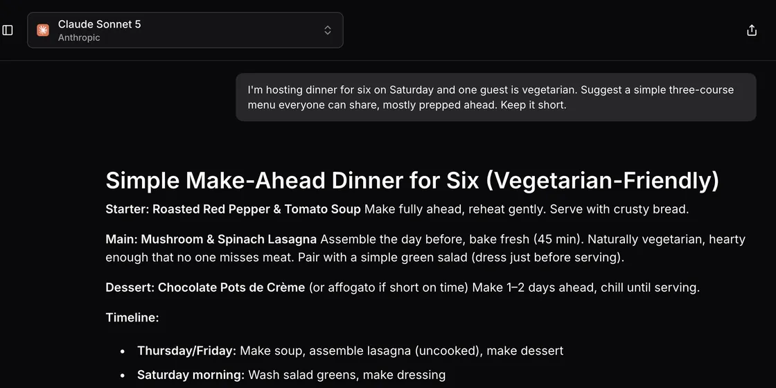 Claude Sonnet 5 answers a request for a make-ahead three-course dinner menu for six with one vegetarian guest