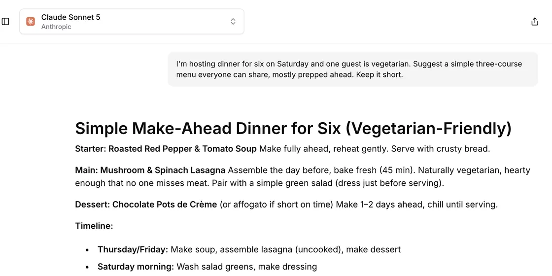 Claude Sonnet 5 answers a request for a make-ahead three-course dinner menu for six with one vegetarian guest