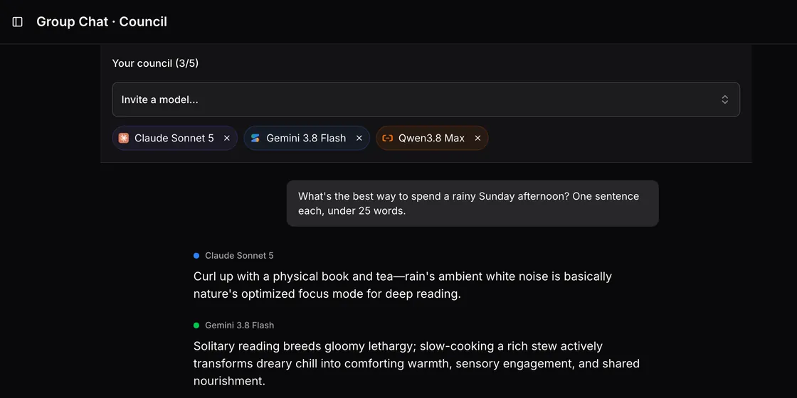 A group chat where Claude Sonnet 5, Gemini 3.8 Flash and Qwen3.8 Max discuss how to spend a rainy Sunday, with Claude's and Gemini's replies shown