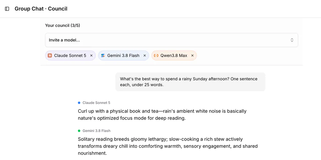 A group chat where Claude Sonnet 5, Gemini 3.8 Flash and Qwen3.8 Max discuss how to spend a rainy Sunday, with Claude's and Gemini's replies shown