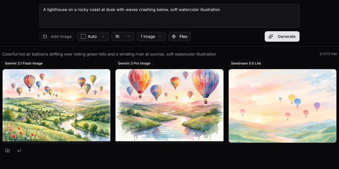Gemini 3.1 Flash Image, Gemini 3 Pro Image and Seedream 5.0 Lite watercolor hot air balloon images side by side