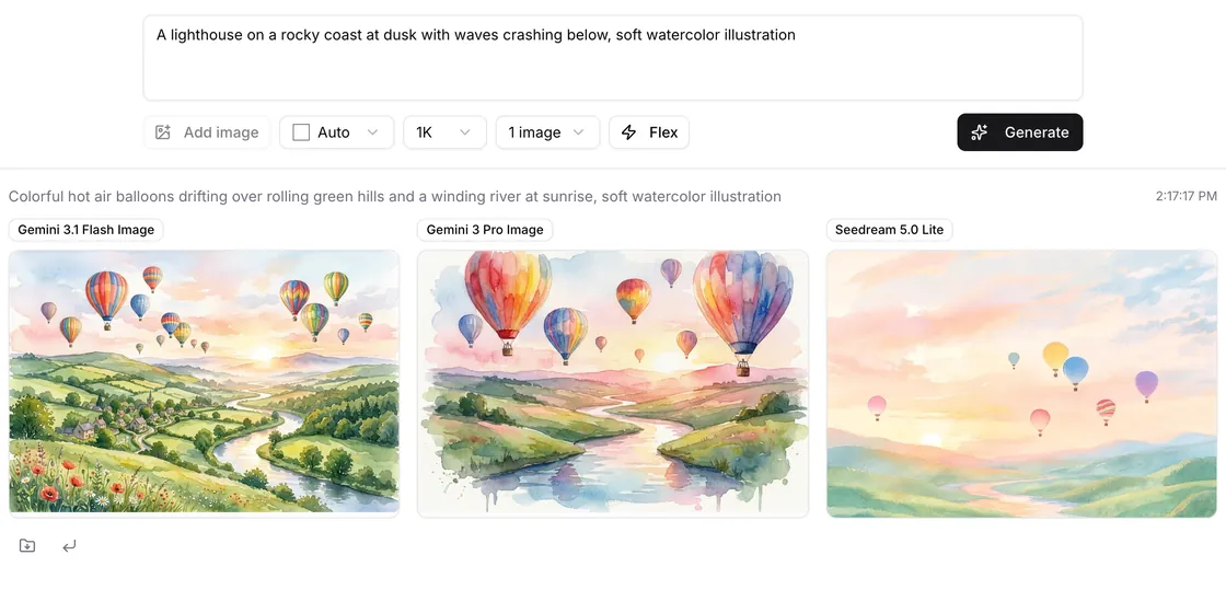 Gemini 3.1 Flash Image, Gemini 3 Pro Image and Seedream 5.0 Lite watercolor hot air balloon images side by side