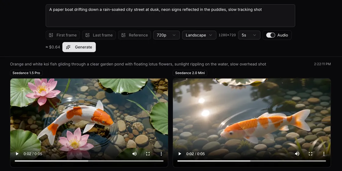 Seedance 1.5 Pro and Seedance 2.0 Mini 5-second koi pond clips side by side