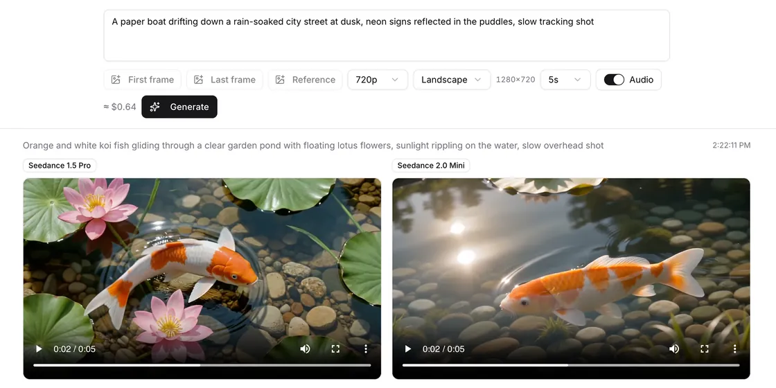 Seedance 1.5 Pro and Seedance 2.0 Mini 5-second koi pond clips side by side