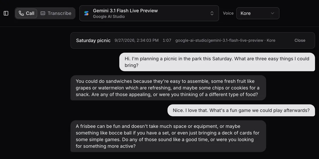 A saved voice call with Gemini 3.1 Flash Live about picnic food and games, with its transcript