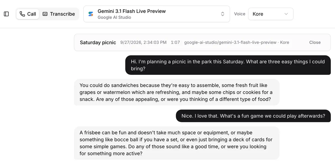 A saved voice call with Gemini 3.1 Flash Live about picnic food and games, with its transcript