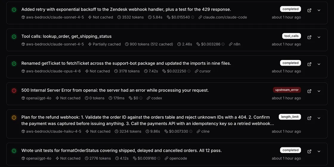Activity log with each request's model, cache status, tokens, duration, cost, source tool and finish reason