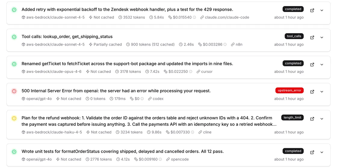 Activity log with each request's model, cache status, tokens, duration, cost, source tool and finish reason