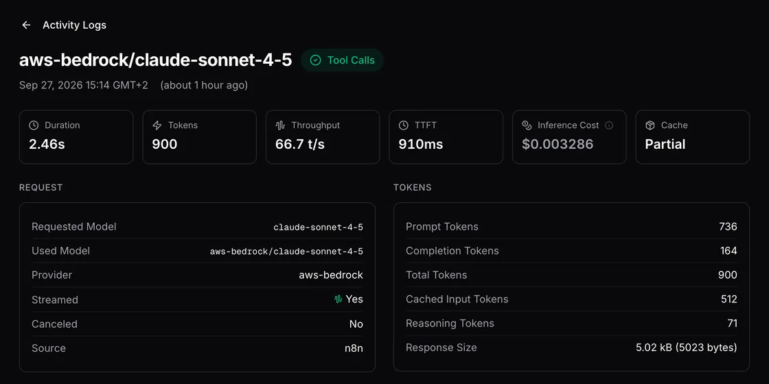 One request's detail with duration, tokens, throughput, time to first token, cost and cache usage