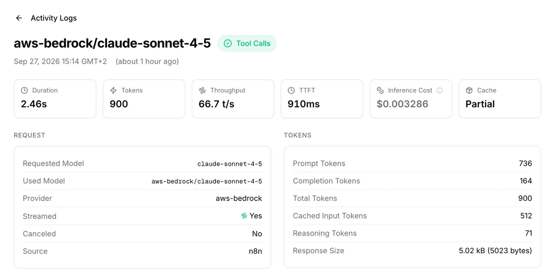 One request's detail with duration, tokens, throughput, time to first token, cost and cache usage