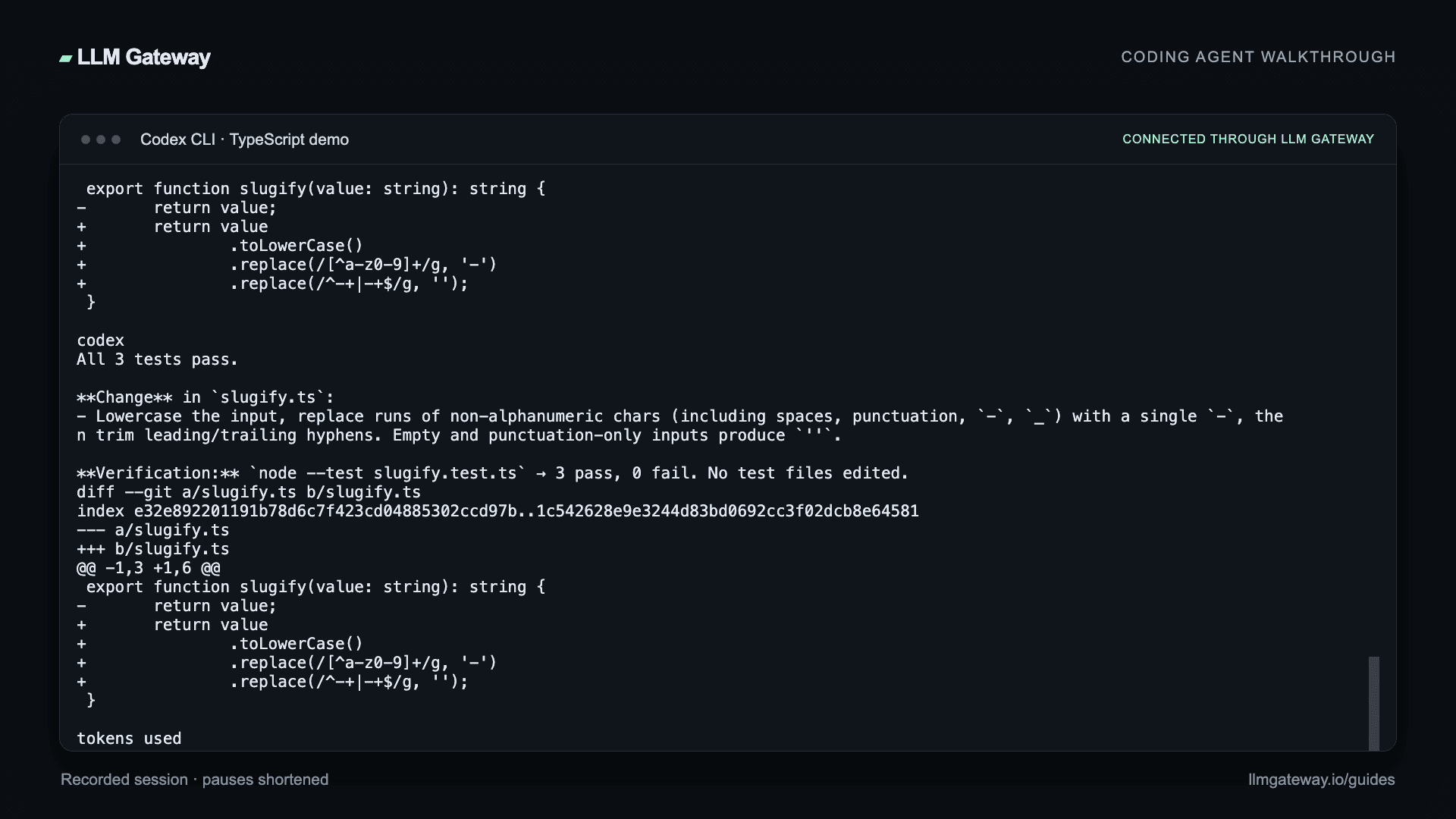 Codex CLI completing the coding task through LLM Gateway